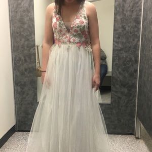 white with floral accent prom dress